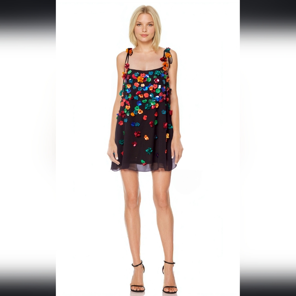 Badgley Mischka Jewel Aurora Rosette Beaded Mini Cocktail Dress